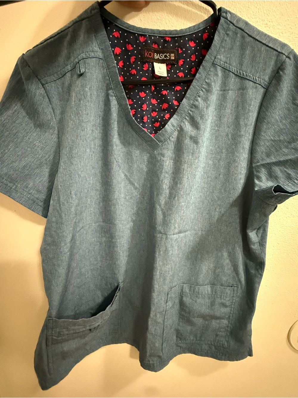 koi Basics Women’s Blue V-Neck Scrub Top with Pink Print Lining